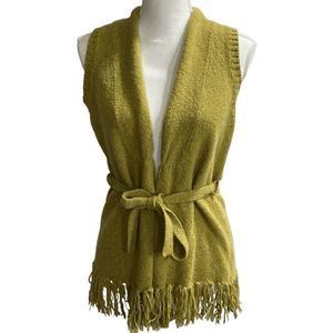 Sweater Works Olive Green Wool Blend Fringe Hem Belted Sleeveless Cardigan Sz S